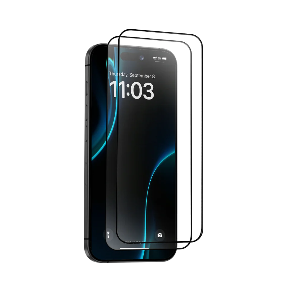 Smartphone with a transparent screen protector on a white background